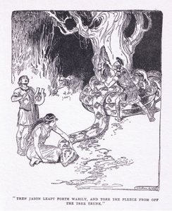 然后杰森疲倦地跳起来，从树干上扯下羊毛，出自乔治·艾伦和昂温 1929 年出版的《英雄》（石版画）
