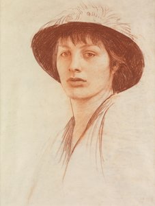 戴羽毛帽子的女人（牛皮纸上的红色粉笔画）