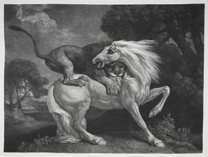 1788年，狮子袭击的马。 作者 乔治·斯塔布斯