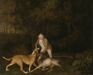 弗里曼，克拉伦登伯爵的猎场看守人，带着奄奄一息的母鹿和猎犬 作者 乔治·斯塔布斯