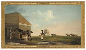 Gimcrack在Newmarket Heath上与一位教练，一名骑师和一名稳定小伙 作者 乔治·斯塔布斯