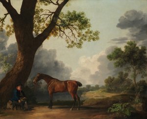 多塞特第三公爵的猎人与马夫和狗，1768年。 作者 乔治·斯塔布斯