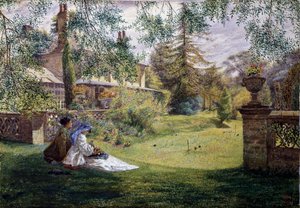 夏日的午后夏日的午后：两名年轻女子坐在花园的草地上。她们对面是一个板球场。乔治-威廉-莫特（1832-1909 年，英国人）的画作。普拉珀尔主义（普拉珀尔艺术）。私人收藏 作者 乔治·威廉·莫特