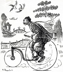 一幅漫画描绘了一个中国人骑着三轮车穿过中国的一个公园。图说：乔治-杜莫里埃（1834-1896），法英两国的漫画家和作家