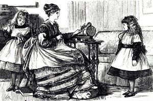 A cartoon depicting a young mother using a sewing machine. Illustrated by George du Maurier (1834-1896) a Franco-British cartoonist and author