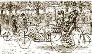 An engraving depicting passengers riding in bicycle carriages. Illustrated by George du Maurier (1834-1896) a Franco-British cartoonist and author