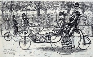 An engraving depicting passengers riding in bicycle carriages. Illustrated by George du Maurier (1834-1896) a Franco-British cartoonist and author 作者 乔治·杜莫里耶
