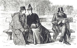 Cartoon depicting a couple exchanging endearments on the park bench, whilst the man next to them looks on with disapproval