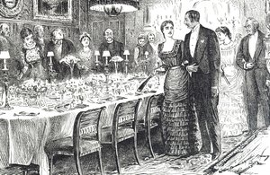 Cartoon titled "Going into Dinner" depicting a young couple entering a dinning room 作者 乔治·杜莫里耶