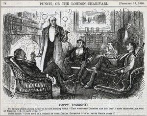 Gentlemen gathered in the smoking room smoking their after dinner cigars. George du Maurier cartoon from 