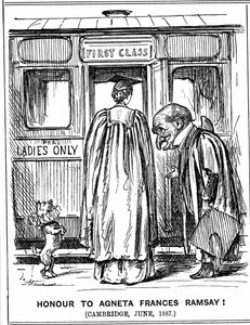 Mr Punch bows to Agneta Frances Ramsay who sat, and passed with First Class Honours, the papers set, but could not receive a degree as Cambridge did not award them to women at this time. George du Maurier cartoon from Punch, London, 2 July 1887. Engraving 作者 乔治·杜莫里耶