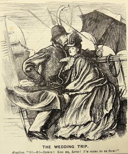 The Wedding Trip: Honeymoon couple suffering from seasickness while crossing the English Channel. George du Maurier cartoon from 