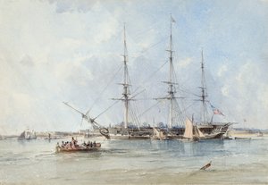 黑墙护卫舰Seringapatam在蒂尔伯里堡（Tilbury Fort）附近停泊 作者 乔治·钱伯斯