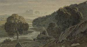晚上，景观，与小屋和河流