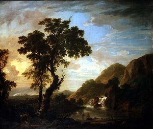 树林中的河流景观，前景是人物，远处是瀑布 作者 小乔治·巴雷特（George the Younger Barret）