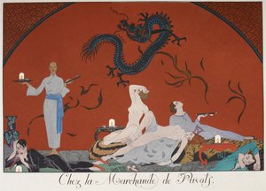Chez la Marchande de Pasots。 人们，有些赤身裸体，躺在房间里。 中式装饰。 作者 乔治理发师