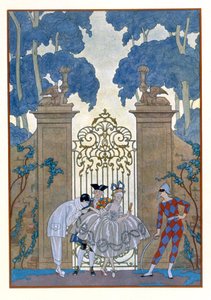 哥伦拜恩 (Columbine)，Paul Verlaine (1844-96) 1928 年为《Fetes Galantes》绘制的插图（pochoir 印刷品） 作者 乔治理发师
