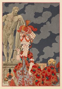 Cortège.一位身着红色连衣裙、头戴精致帽子的迷人女子。
一只小猴子和一个男孩。 作者 乔治理发师