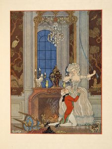 Danceny 向 Cecile 表白，插图选自 Pierre Choderlos de Laclos（1741-1803 年）的《Les Liaisons Dangereuses》，1934 年出版。1934 年（pochoir 印刷品） 作者 乔治理发师