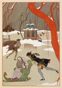 En patinant"。人们在滑冰。坐在雪橇上的妇女。 作者 乔治理发师