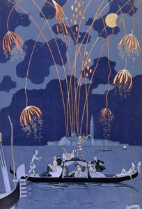 威尼斯烟花，Paul Verlaine (1844-96) 1924 年为“Fetes Galantes”绘制的插图（pochoir 印刷品）