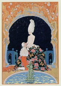 在石窟中，Paul Verlaine (1844-96) 1928 年为“Fetes Galantes”绘制的插图（pochoir 印刷品）