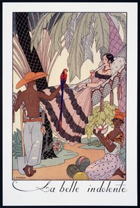 La Belle Indolente》，乔治-巴尔比耶（1882-1932 年）的石版画，选自《Falbalas et Fanfreluches》，《Almanach des Modes Presentes, Passees et Futures》，法国，20 世纪 作者 乔治理发师