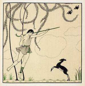 “纳西斯”。 一场古典芭蕾舞剧《纳西斯》中的场景。 《纳西斯》于 1911 年在蒙特卡洛首演。 男孩手持牧杖在空中跳舞，后腿站立着一只羔羊。 作者 乔治理发师