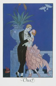 Oui，两位身着晚礼服的年轻未婚夫，乔治-巴尔比耶（1882-1932 年）的石版画，选自 Falbalas et Fanfreluches, Almanach des Modes Presentes, Passees et Futures