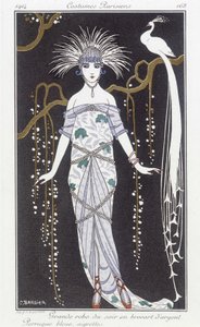 银色锦缎晚礼服和假发 - 乔治·巴比尔 (George Barbier)（1882-1932）插图。 在“《贵妇与时尚杂志：巴黎人服装》” 作者 乔治理发师