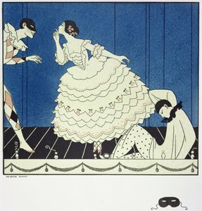 塔玛拉-卡尔萨维娜（1885-1978 年）饰演柯伦宾娜，瓦斯拉夫-尼金斯基（1890-1950 年）饰演哈莱金，阿道夫-波尔姆（1884-1951 年）饰演皮耶罗。1914 年（pochoir 印刷品） 作者 乔治理发师