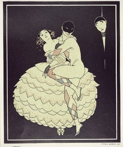 Tamara Karsavina（1885-1978）作为Columbine和Vaslav Nijinsky（1890-1950）饰演Harlequin，于1910年在Fokine的&39;Carnaval&39;中出演。 1914年（pochoir print） 作者 乔治理发师