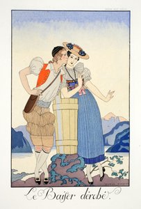被偷走的吻》，选自《Falbalas  Fanfreluches, Almanach des Modes Présentes, Passées et Futures》（《Falbalas  Frills, Almanach of Present, Past and Future Fashions》）。 作者 乔治理发师