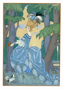 《森林漫步》，Paul Verlaine (1844-96) 1928 年为《Fetes Galantes》绘制的插图（pochoir 印刷品） 作者 乔治理发师