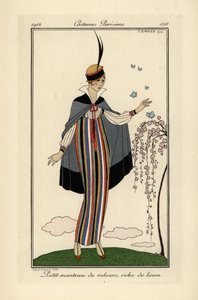 穿着条纹亚麻连衣裙和短天鹅绒外套的女人。 作者 乔治理发师