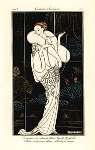 穿着天鹅绒斗篷、锦缎连衣裙和粉色拖鞋的女人。 作者 乔治理发师