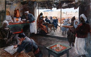 摩洛哥的一家咖啡馆，约1900年（彩色平版印刷）。 作者 乔治·贝尔汀·斯科特