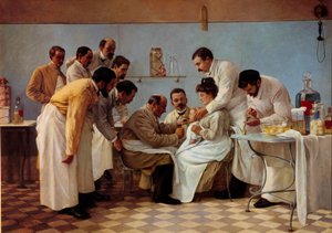 医学：““套管”“” 插入一根管子有一个白喉孩子。 Georges Chicotot（活跃于 1899 年至 1907 年之间）的绘画。 20世纪的太阳。 1,3x1,8 m Musee de l