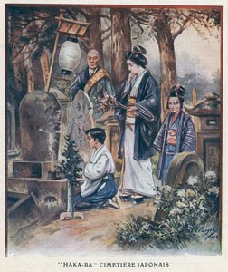 "Haka-Ba"，日本墓地（彩色平版印刷）。 作者 Georges Ferdinand (after) Bigot