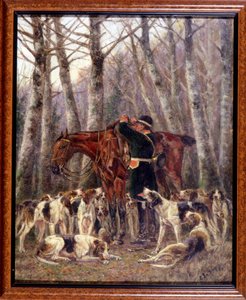 正在骑马狩猎时被杀死的鹿 - 乔治·拉罗克 (Georges La Roque) 绘制，约 1900 年 作者 乔治·拉罗克