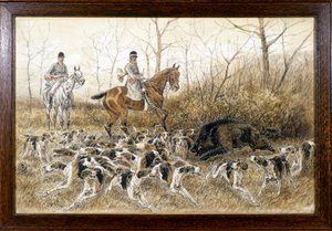 狩猎时一群狗围着野猪 - 乔治·拉罗克 (Georges La Roque) 绘制，约 1900 年 作者 乔治·拉罗克