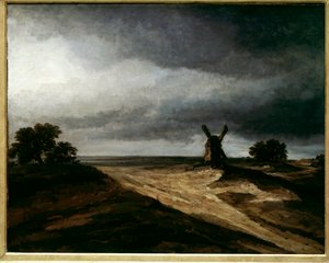 蒙马特巴黎景观与磨坊的环境。 Georges Michel (1763-1843) 18 世纪 Sun 的画作。 0,64 X 0,80 m 巴黎，卢浮宫
