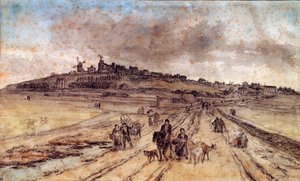 Georges Michel (1763-1843) 19 世纪巴黎，卢浮宫博物馆的《从蒙马特到巴黎的风景》水彩画