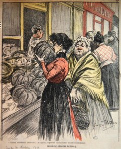 两个妇女在市场上挑选南瓜，19世纪末（彩色平版印刷）。 作者 乔治·雷登