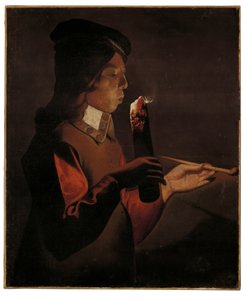 一个小男孩用烟斗，吹着火柴（布面油画） 作者 乔治·德拉图尔
