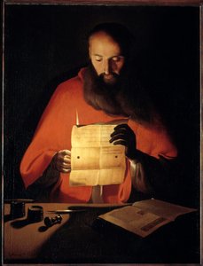 圣杰罗姆阅读。 Georges De La Tour (1593-1652) 的绘画 作者 乔治·德拉图尔