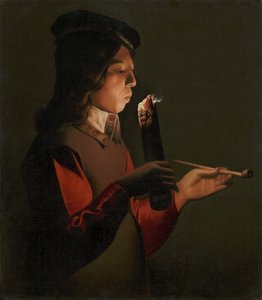 Un jeune garcon avec une pipe, souffle sur un brandon - 一个拿着烟斗的小男孩，吹着火种，由La Tour, Georges, de (1583-1652)。布面油画 作者 乔治·德拉图尔