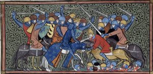 查尔斯-马特尔击败欧多和萨拉森人，Grandes chroniques de France，Royal 16 G.VI，f.117v，约 1332-1350 年 (22727638241) 作者 第比利斯的乔治亚·莱文·拉米什维利