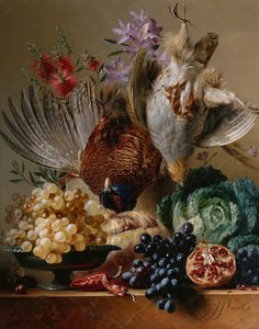 死野鸡，鹧鸪，葡萄，卷心菜，水果和花在山坡上（布面油画） 作者 Georgius Jacobus Johannes van (after) Os