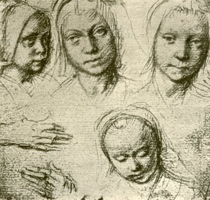 《四个女孩的头和两只手》，c1500-1505，1908年。 作者 杰拉德·大卫